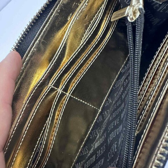 Steve Madden Navy Blue Embossed Logo Zip-Around Wallet with Gold Interior - Picture 5 of 9